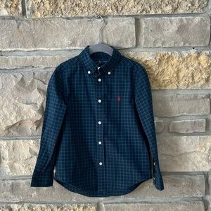 Ralph Lauren Boys Navy Checkered Plaid Button Down Shirt Green & Navy Size 5